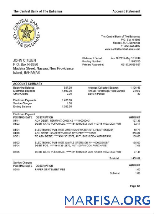 Realistic Bahamas The Central Bank of The Bahamas bank statement word sample